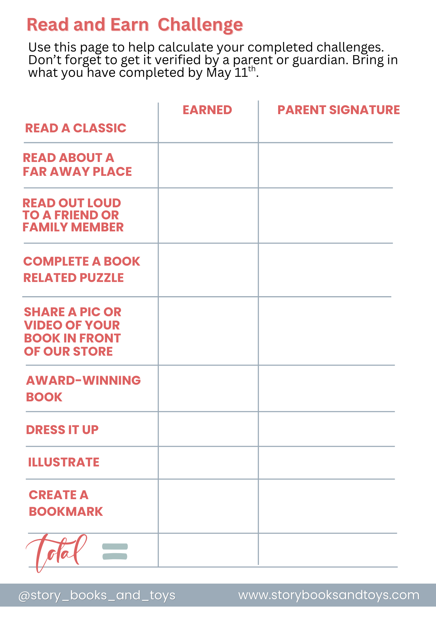 Read and Earn Challenge submission form for completion by May 10